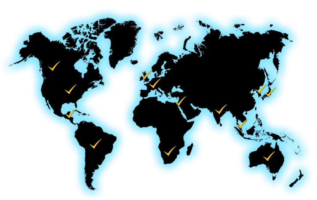 world map with yellow checkmarks indicating where QACV Consulting offers services